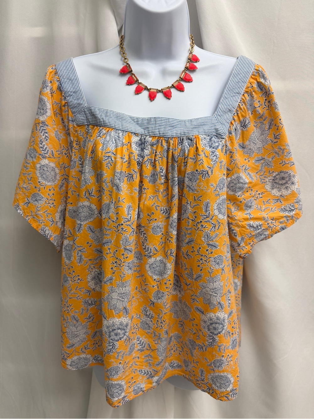 Nautica Square Neck Floral Peasant Blouse Orange Sustainably Crafted Blue